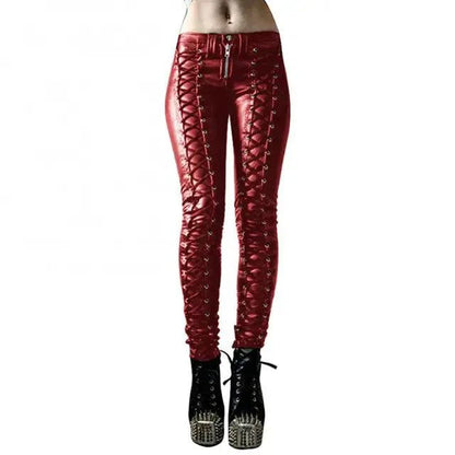 Mandotos steampunk leather skinny pants featuring a fitted design and detailed leather craftsmanship.