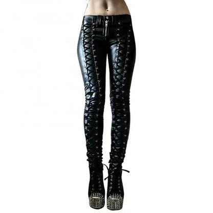 Mandotos steampunk leather skinny pants with detailed buckles and fitted design, perfect for a edgy, vintage-inspired look.