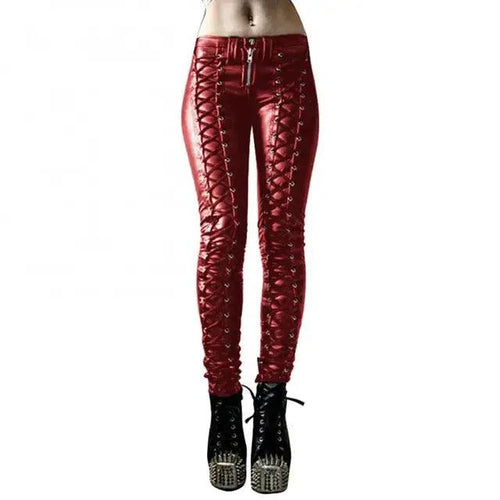 Mandotos steampunk leather skinny pants featuring a fitted design with buckle accents and a vintage industrial style.