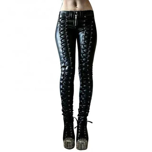 Mandotos steampunk leather skinny pants featuring a fitted design with detailed steampunk-inspired hardware and dark brown leather.