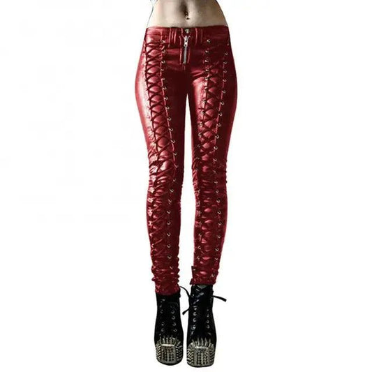 Mandotos steampunk leather skinny pants featuring a fitted design with brass buckle details and vintage-inspired style.