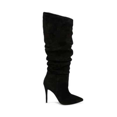 Mandotos stiletto heels with pleated design and high over-the-knee length, stylish footwear perfect for fashionable outfits.