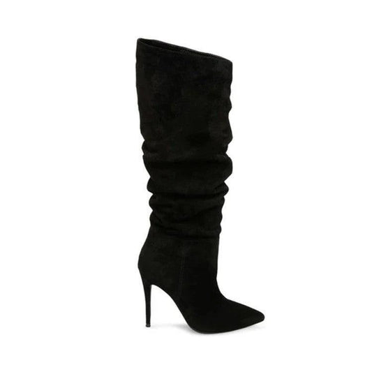 Mandotos stiletto heels with pleated design and high over-the-knee length, stylish footwear perfect for fashionable outfits.