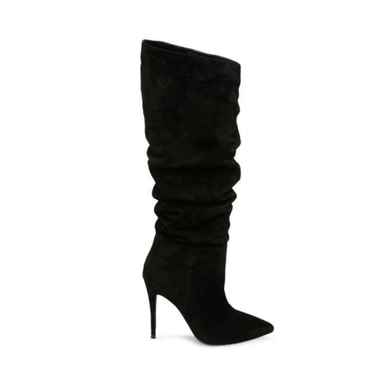 Mandotos stiletto heels with pleated design and high over-the-knee length, stylish footwear perfect for fashionable outfits.