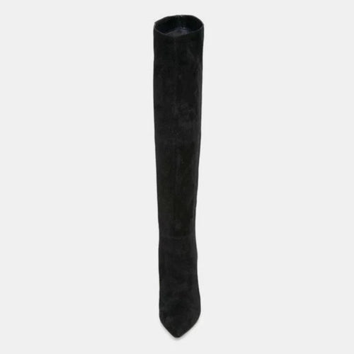 Mandotos stiletto heels with pleated design and high over-the-knee style, showcasing sleek black fashion footwear.