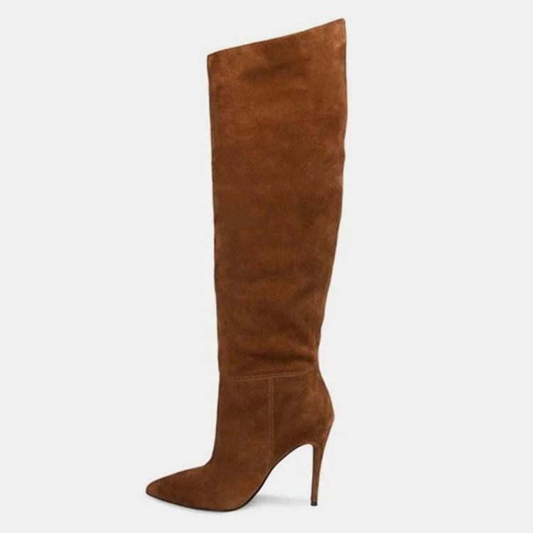 Mandotos stiletto heels with pleated design, high over-the-knee boots in black, showcasing sleek, fashionable footwear.