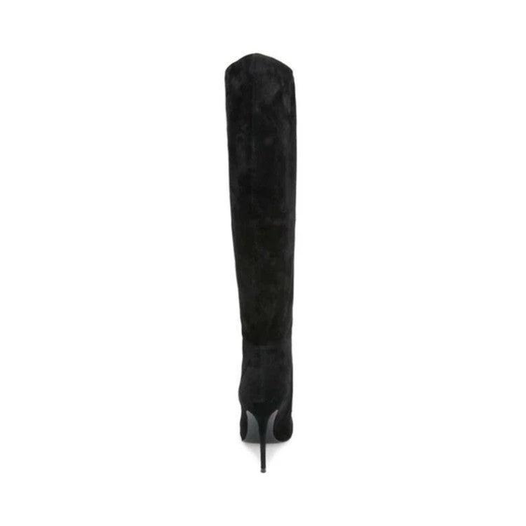 Mandotos stiletto heels with pleated design and high over-the-knee length, stylish women's boots on a white background.