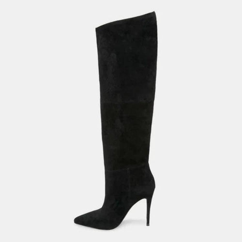 Mandotos stiletto heels with pleated design and high over-the-knee style, showcasing sleek black leather with pointed toes.