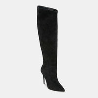Mandotos stiletto heels with pleated design and high over-the-knee length, showcasing sleek black stylish footwear.