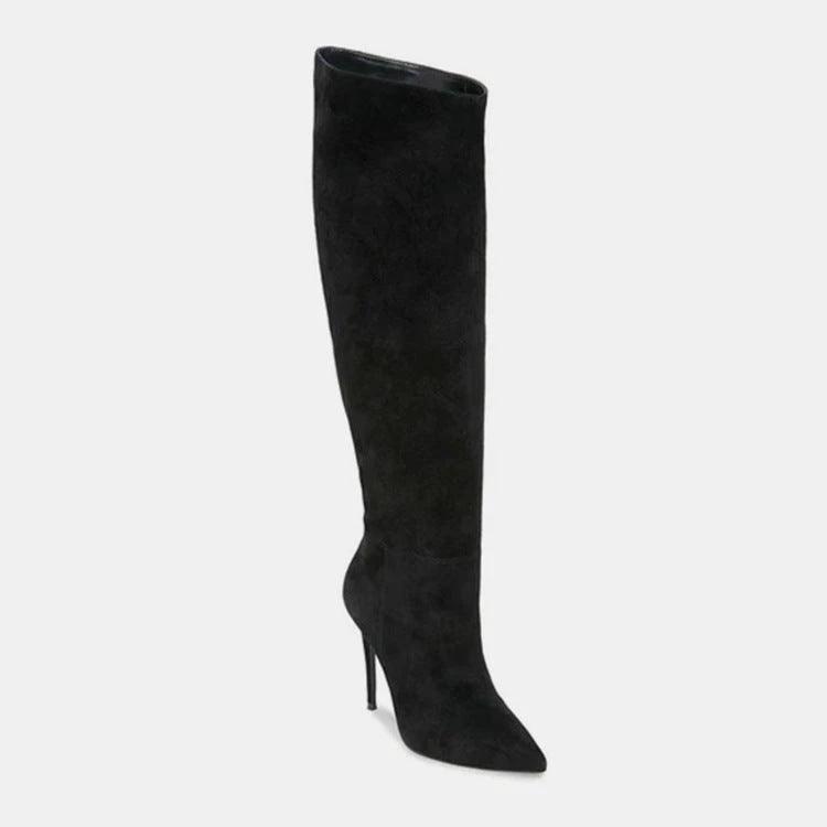 Mandotos stiletto heels with pleated design and high over-the-knee length, showcasing sleek black stylish footwear.