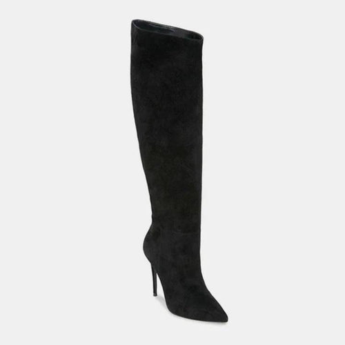 Mandotos stiletto heels with pleated design and high over-the-knee length, showcasing sleek black stylish footwear.