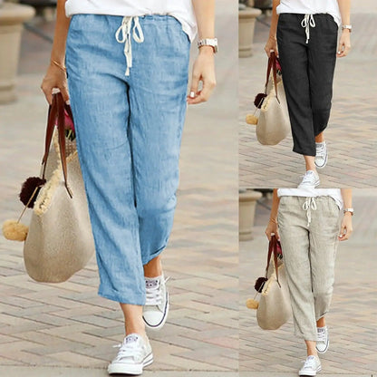 Light beige Summer Elegance drawstring trousers by MANDOTOS with a relaxed fit and comfortable waistband.
