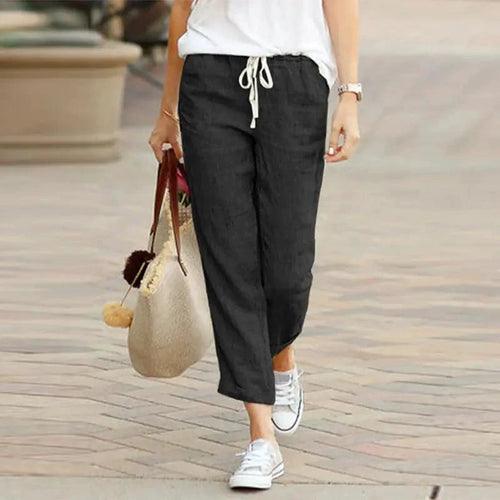 Mandotos Summer Elegance drawstring trousers in lightweight fabric, featuring a comfortable fit and stylish design.