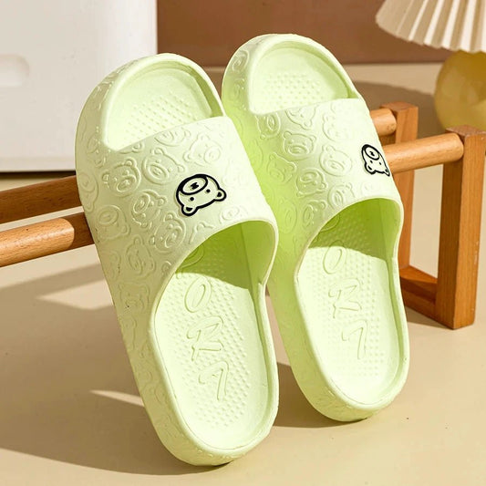 Mandotos men's and women's summer slippers with printed little bear design, non-slip soft soles, perfect for indoor bathroom and casual wear.