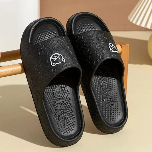 Mandotos men's and women's summer slippers with bear print, non-slip soft soles, ideal for indoor bathroom and casual wear.
