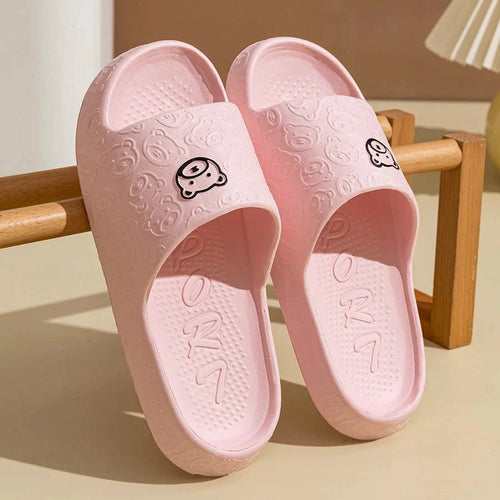 Mandotos summer men's slippers with little bear print, non-slip soft indoor sandals for bathroom and casual wear, perfect for couples.
