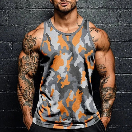 Mandotos men's summer camo print fitness tank top, sleeveless, breathable, soft, loose fit for gym and sports activities.
