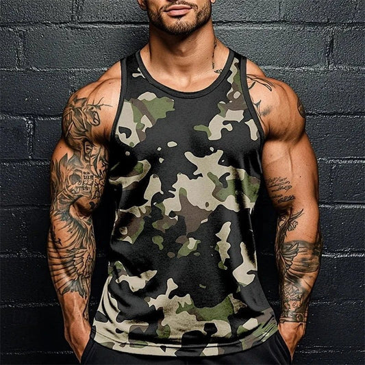 Mandotos men's summer camo print athletic tank top with sleeveless design, breathable soft fabric, ideal for gym and sports activities.