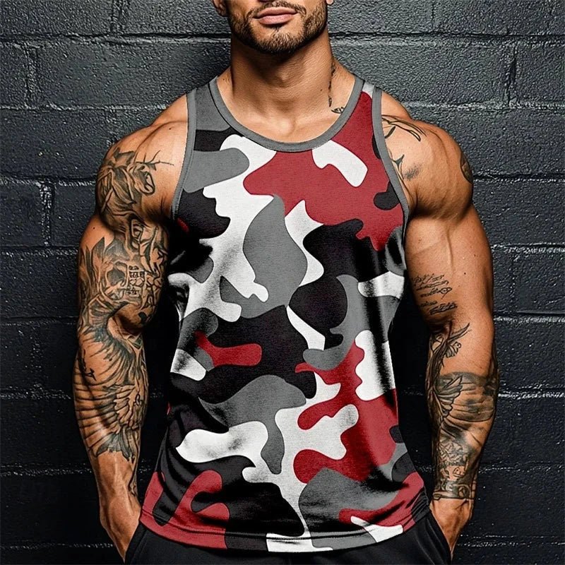 Mandotos men's summer camo print fitness tank top, sleeveless, breathable, loose fit, ideal for gym and sports activities.