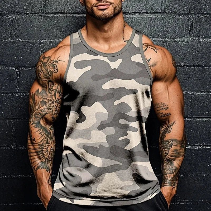 Mandotos summer men's camo print fitness tank top, sleeveless, breathable, soft, lightweight gym sports vest tee for men.