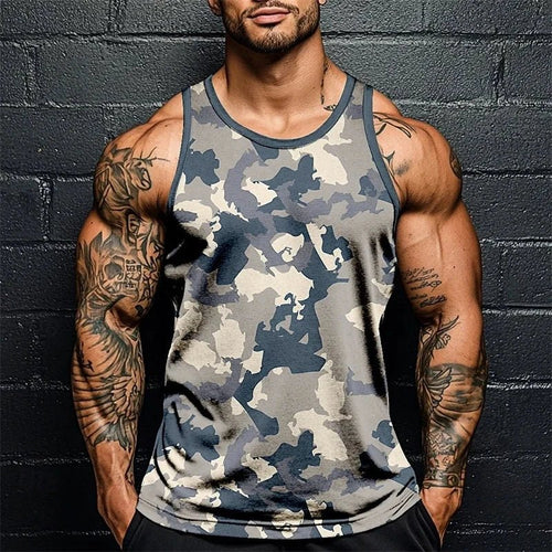Mandotos summer men's camo print fitness tank top, sleeveless, breathable, soft gym sports vest tee for active wear