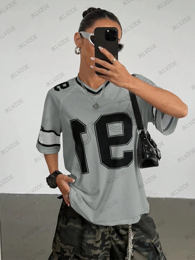 Mandotos black Speed 91 print women's V-neck T-shirt with patchwork, short sleeves, sports football style, oversized Y2K top.