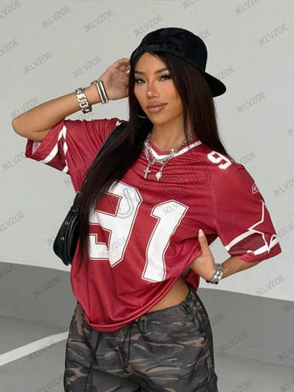 Mandotos black Speed 91 print V-neck T-shirt for women, loose fit, patchwork design, short sleeves, sports football jersey style.