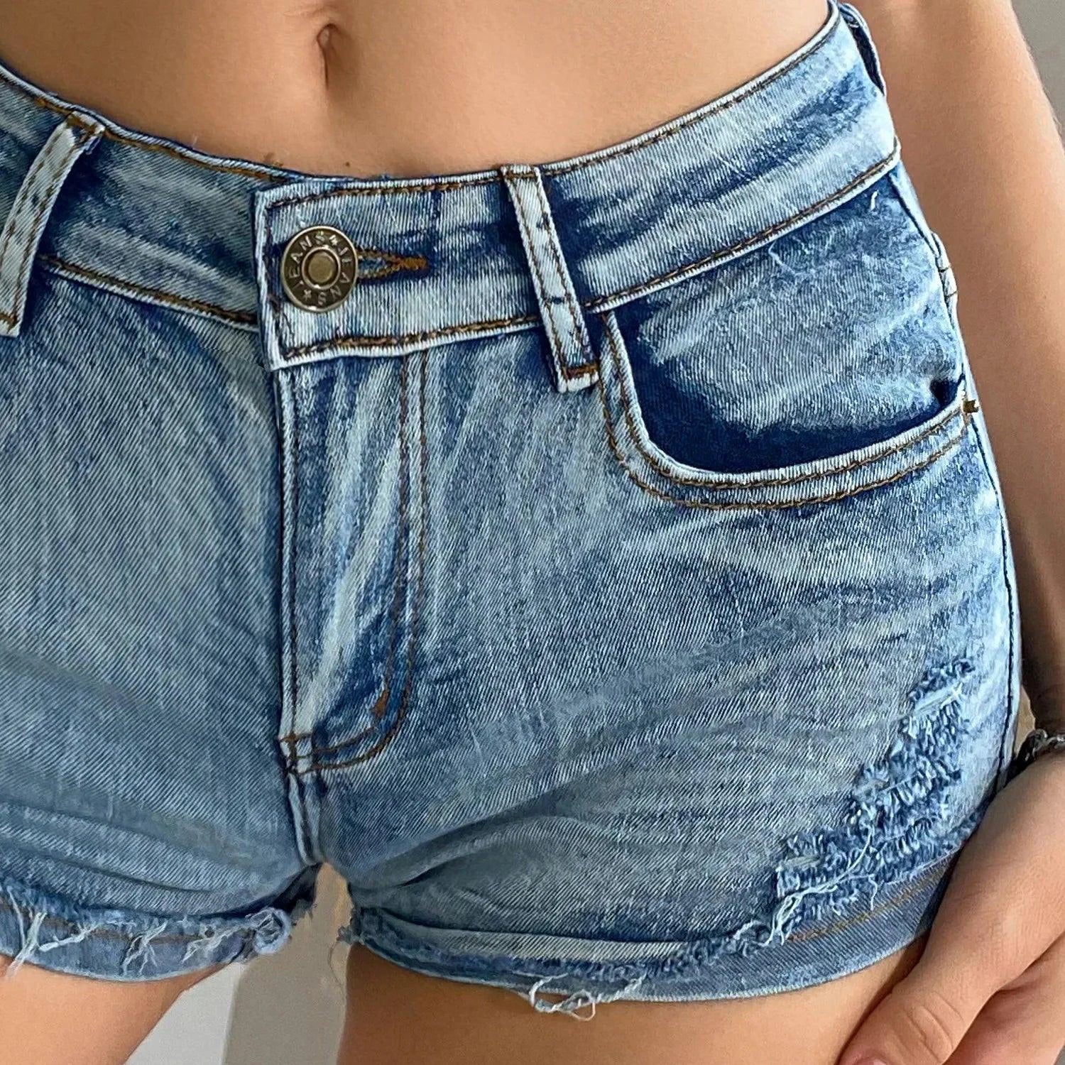 Mandotos Summer Vibe high-waisted women's denim shorts with button detail, stylish and perfect for summer casual wear.