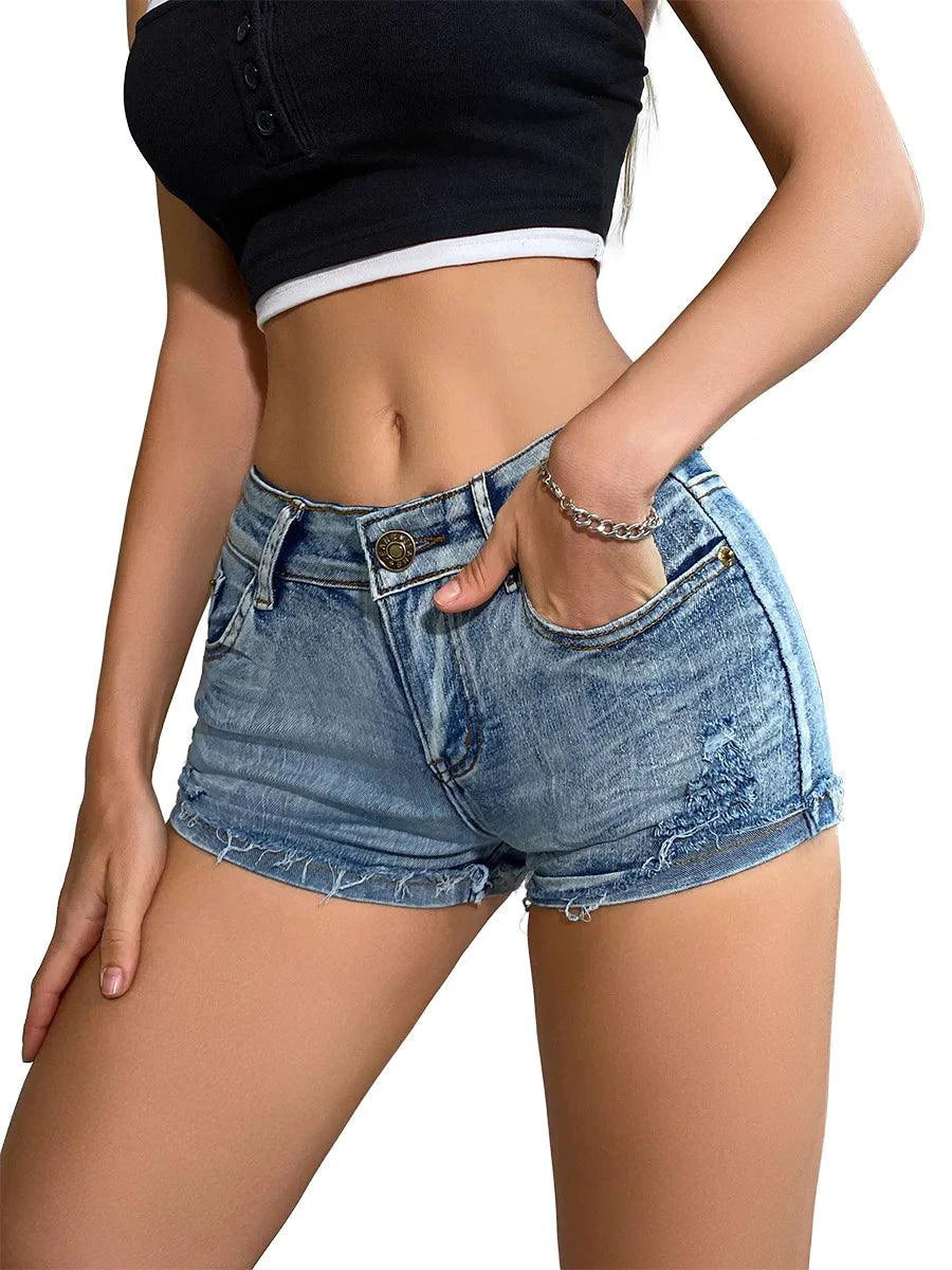 Women’s high-waisted denim shorts by MANDOTOS with button details, perfect for summer casual outfits.