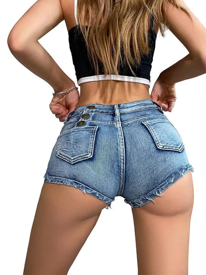 Women's high-waisted denim shorts with button detail from MANDOTOS, perfect for summer casual wear.
