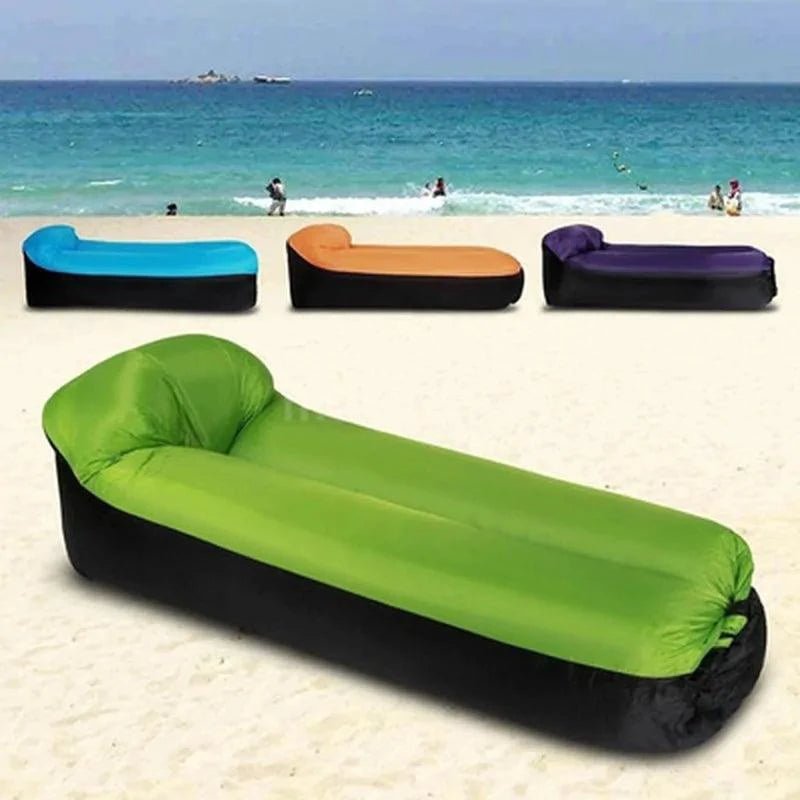 Mandotos SunScape inflatable lounger laid out outdoors, showcasing its portable design and comfortable, effortless relaxation experience.