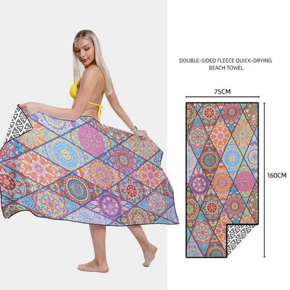 Mandotos SwiftDry patterned beach towel with colorful geometric design, soft fabric, perfect for sunbathing and beach days.