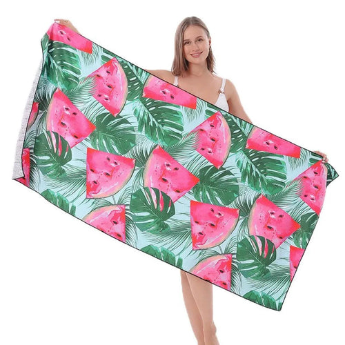 Mandotos SwiftDry patterned beach towel with vibrant geometric design, soft and quick-drying for beach or pool use.
