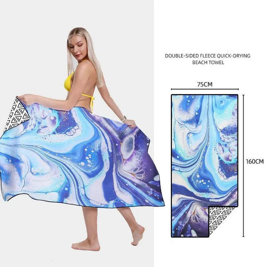 Mandotos SwiftDry patterned beach towel with vibrant geometric design, perfect for beach or poolside relaxation.