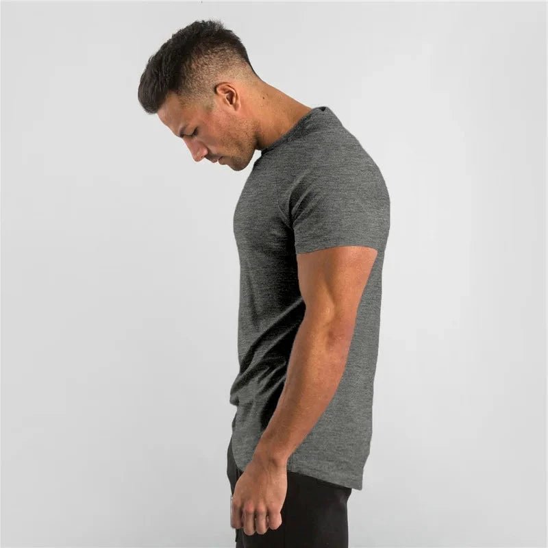 Mandotos men's casual short sleeve T-shirt featuring a slim fit design, ideal for gym, bodybuilding, and streetwear style.