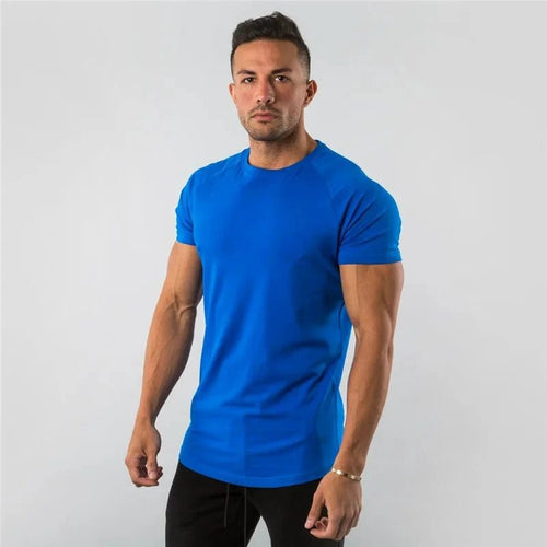 Mandotos men's casual short sleeve muscle T-shirt, slim fit gym fitness top with streetwear style, suitable for summer workouts.