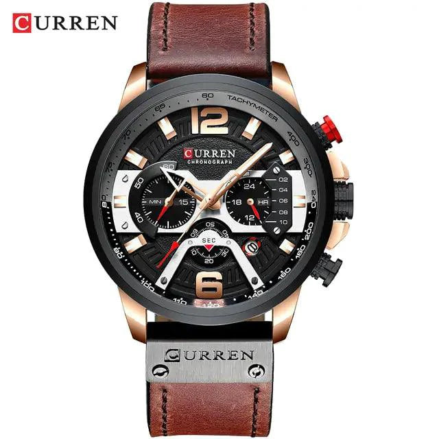 Mandotos Tactical Elegance leather watch with black dial and brown leather strap, showcasing a sleek, modern design.