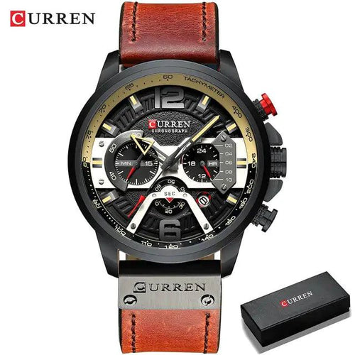 Mandotos Tactical Elegance leather watch with black dial, silver case, and brown leather strap on a white background.