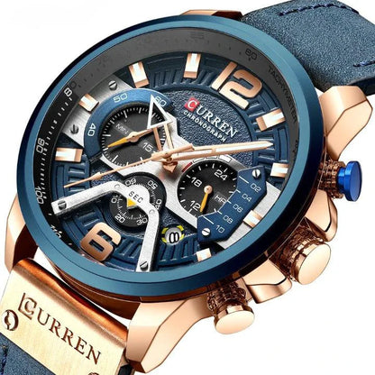 Mandotos Tactical Elegance Leather Watch with black dial and brown leather strap, showcasing a sleek, sophisticated design.