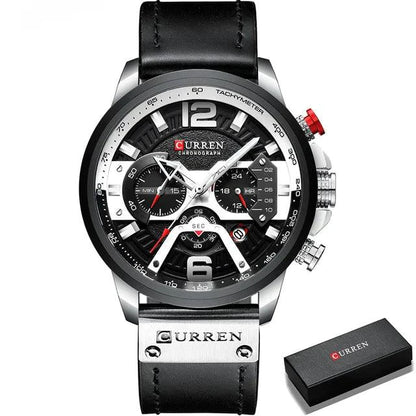 Mandotos Tactical Elegance Leather Watch with black leather strap and round dial, showcasing a sleek, modern design.