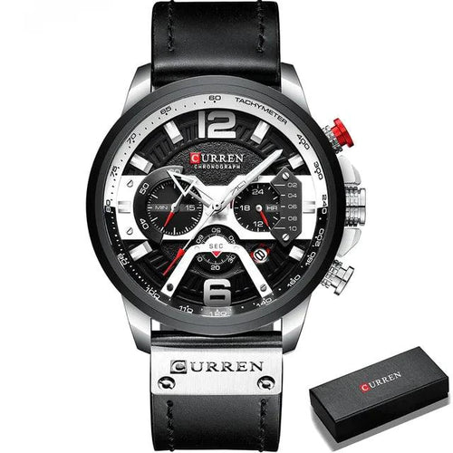 Mandotos Tactical Elegance Leather Watch with black leather strap and round dial, showcasing a sleek, modern design.