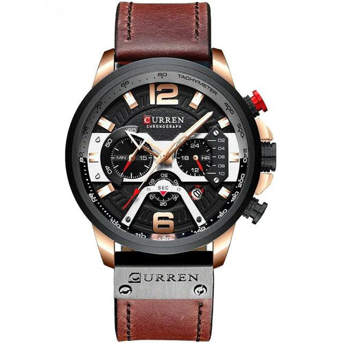 Mandotos Tactical Elegance leather watch with black dial and brown leather strap, showcasing a sleek, sophisticated design.