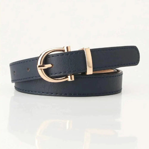 Black Tally vegan leather belt by MANDOTOS with a sleek buckle, shown laid flat on a white background.