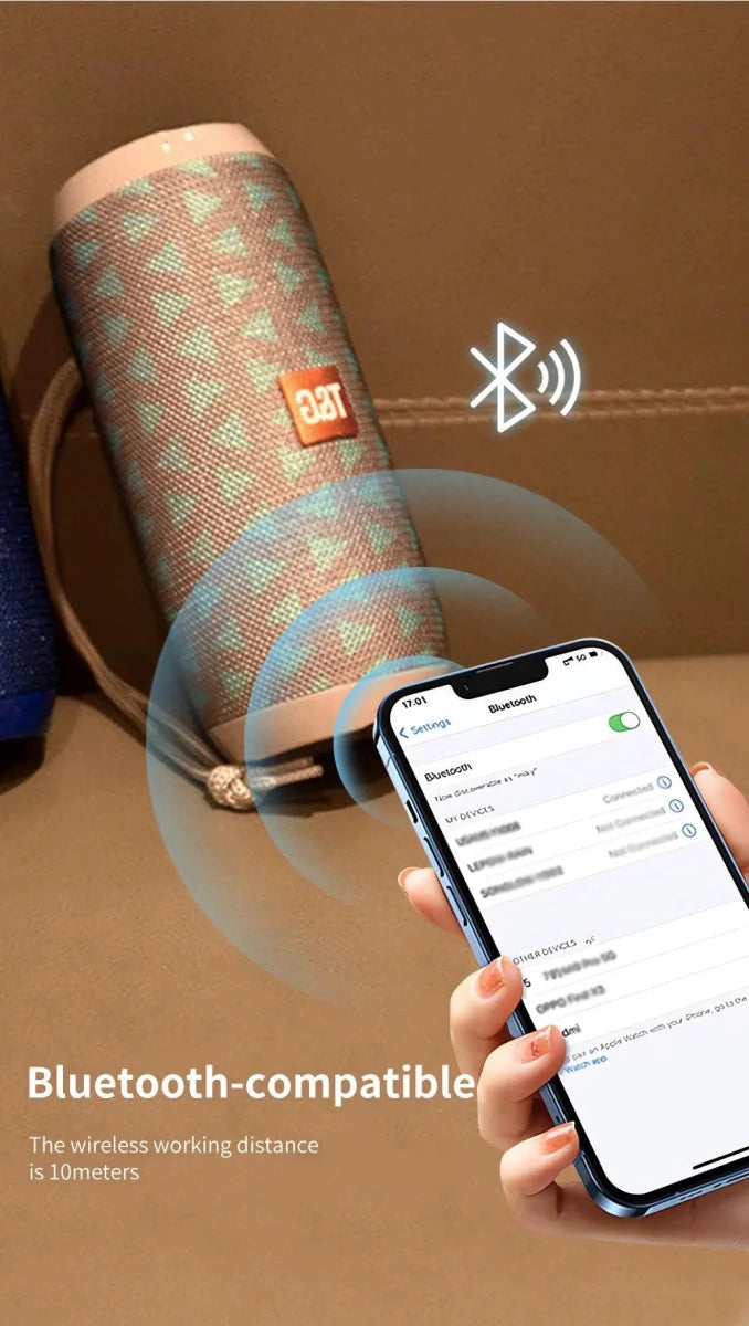 Mandotos TG117 Bluetooth portable waterproof TWS outdoor speaker showing compact design and rugged exterior for outdoor use.