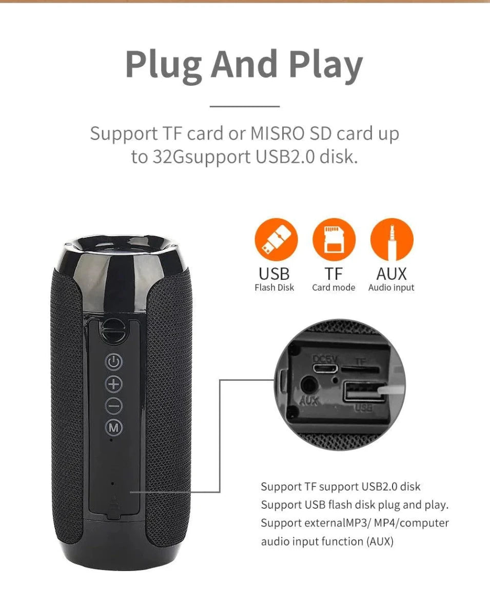 Mandotos TG117 Bluetooth portable waterproof TWS outdoor speaker on a table showing its compact design and rugged exterior.