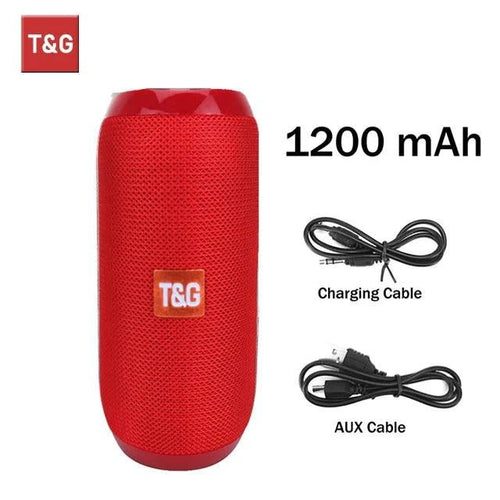 Mandotos TG117 Bluetooth portable waterproof TWS outdoor speaker placed on a surface with water droplets and outdoor background.