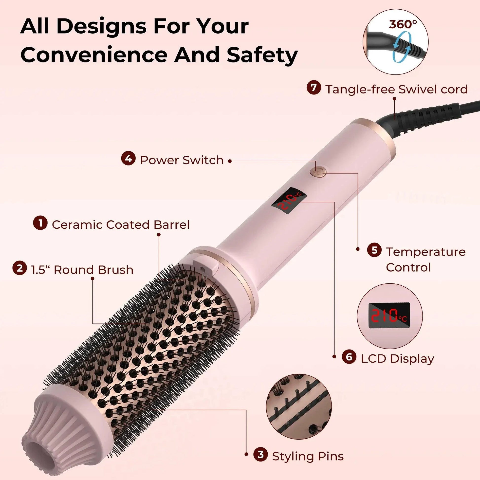 Mandotos Thermal Curl Styler Brush with heated bristles for creating natural, bouncy curls and waves in hair styling.