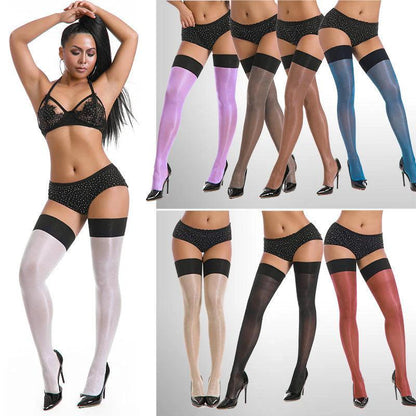 Mandotos sexy shiny thigh-high socks with knee-high design, perfect for stylish, eye-catching hosiery fashion.