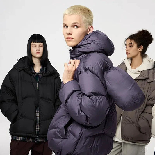 Mandotos thin and portable puff down jacket with solid color and hood, lightweight and warm for outdoor wear.