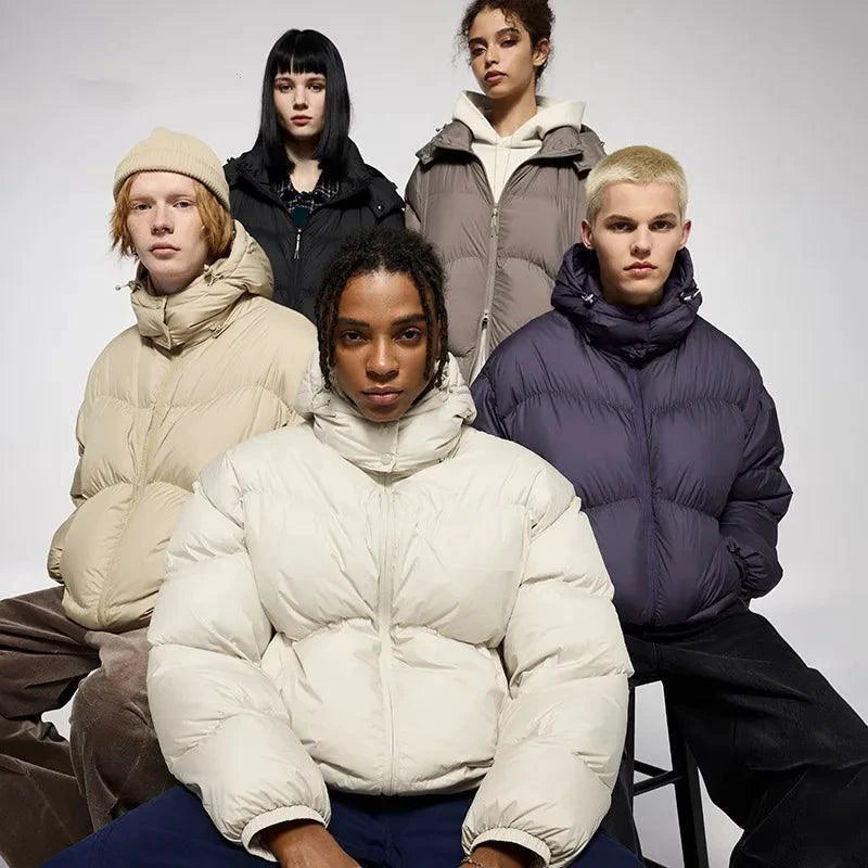 Mandotos thin and portable puff down jacket with solid color, hooded, lightweight winter outerwear for women or men.
